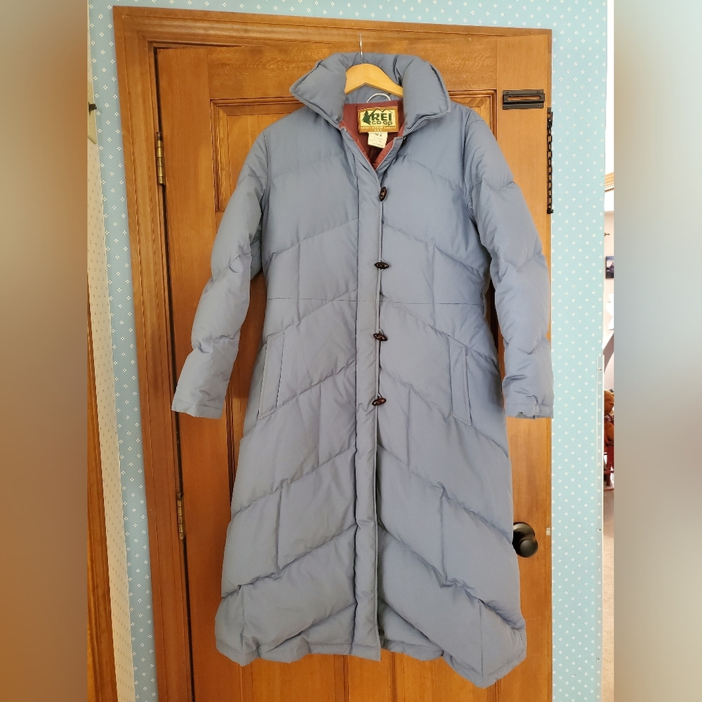 REI women's long down puffer coat
